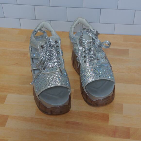 Anthony Wang Platform Sandals Silver Cutout Bedazzled Wedge Y2K 35 (US 4-4.5) - Picture 2 of 14